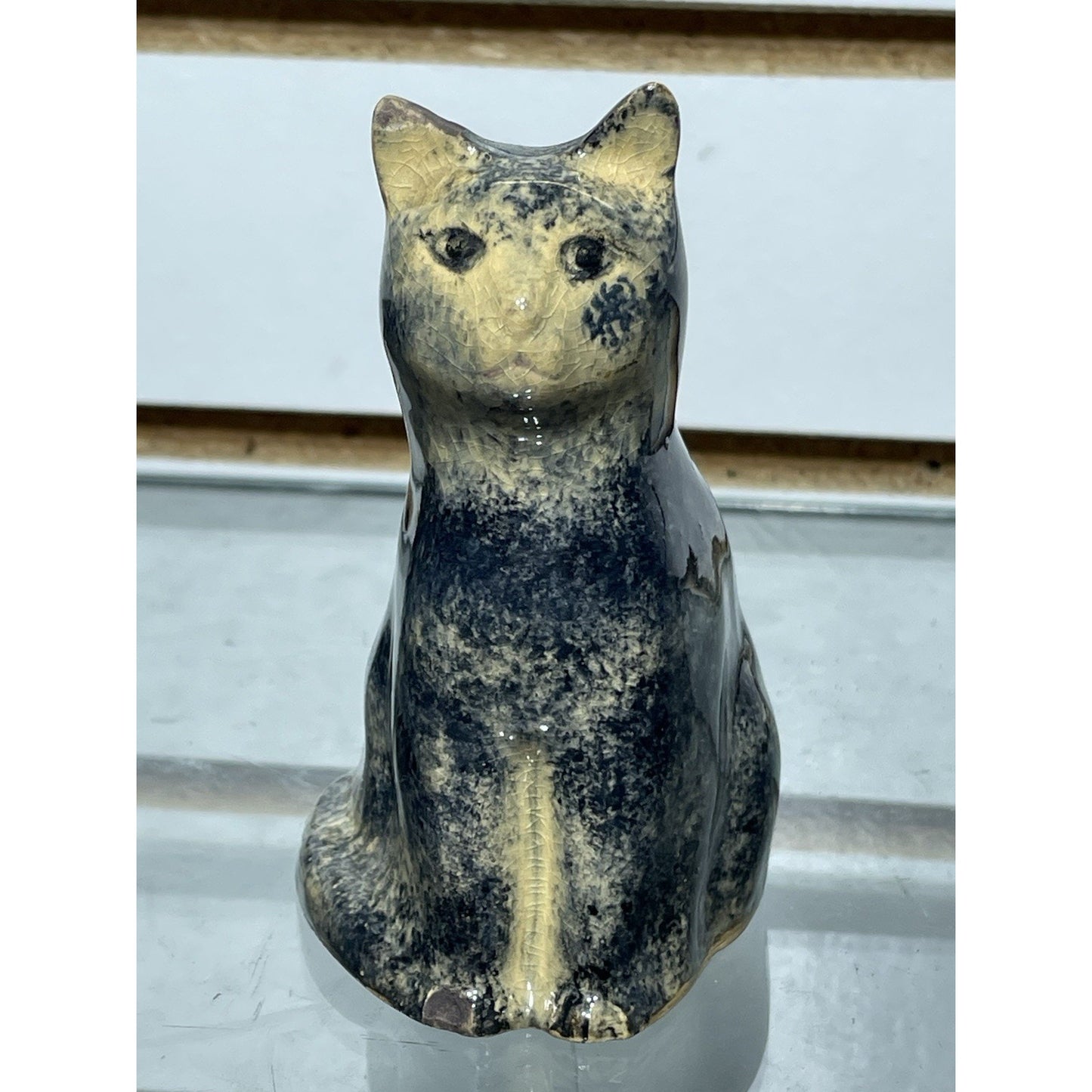 Antique Early Sponge ware Cat 4” Figurine Pottery 1900's gloss blue & tan