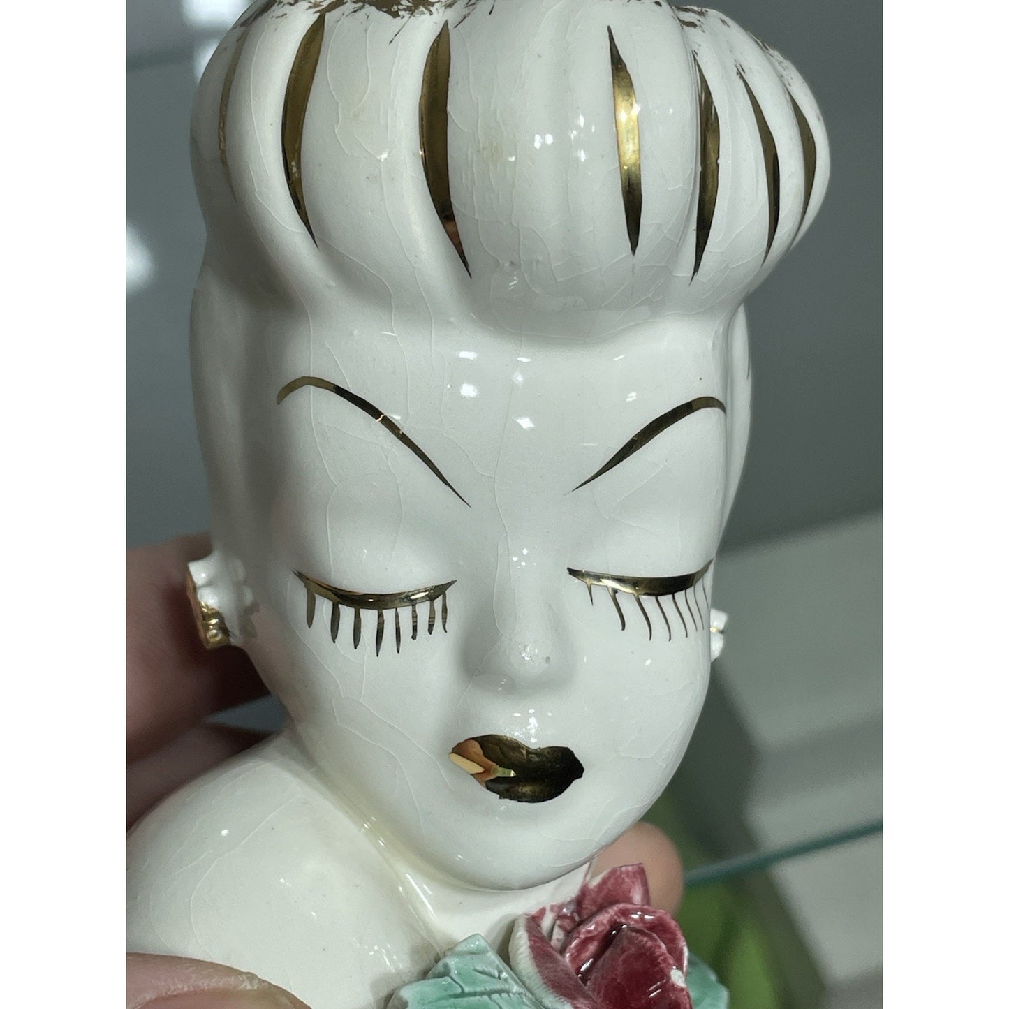 VINTAGE BETTY GRABLE LADY HEAD VASE 4” Tall Lewis Weil GLAMOUR GIRL Gold Trim