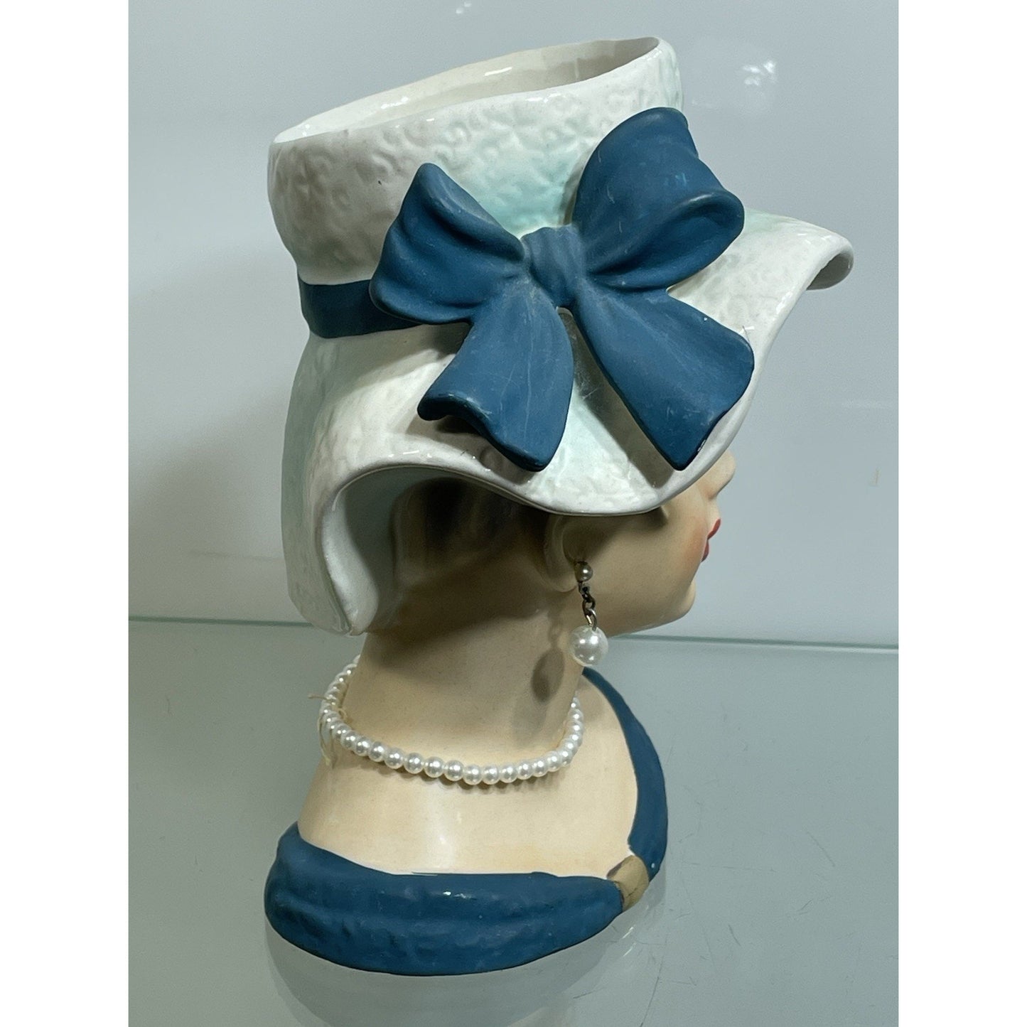 Vintage Relpo Lady HEAD VASE 7" Blue hat & ribbon Young Lady K 1679 - NO ISSUES