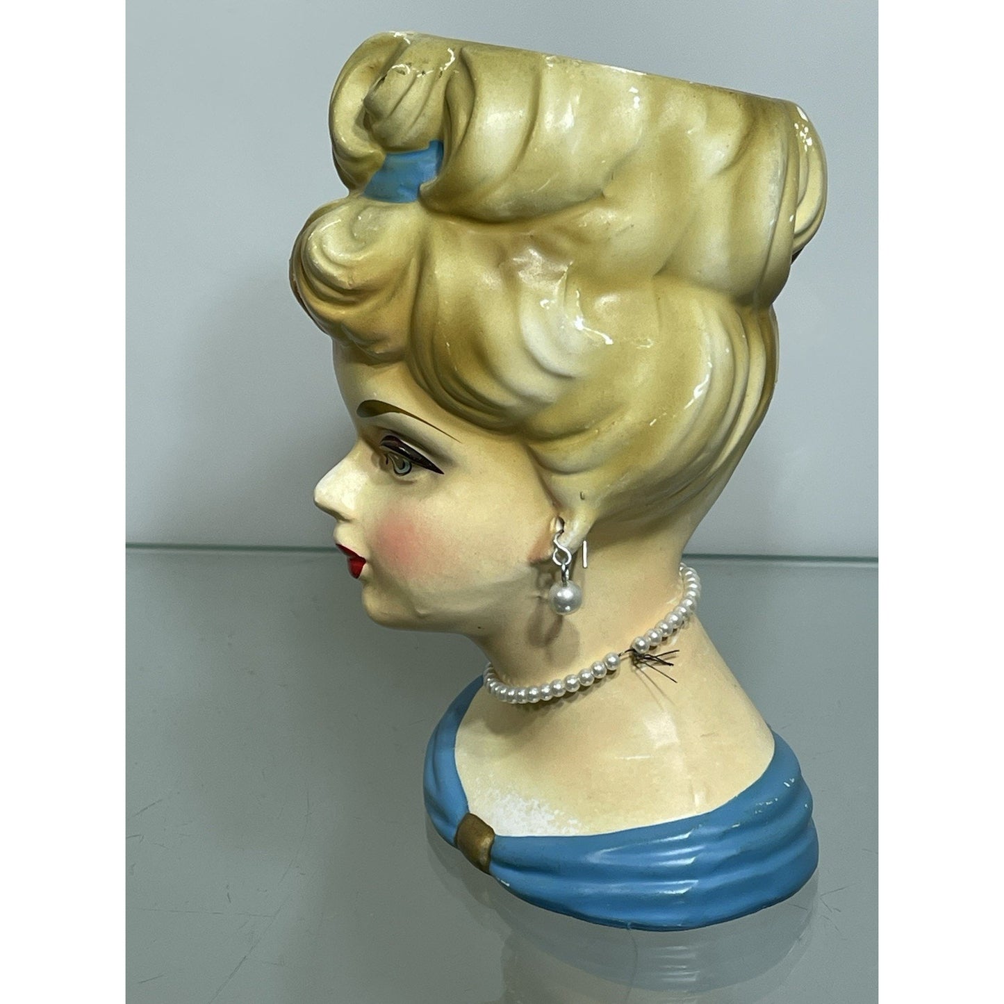 Rare 1950's Rubens Originals Lady Head Vase 4103 Blonde Curls Blue Dress 5.75"