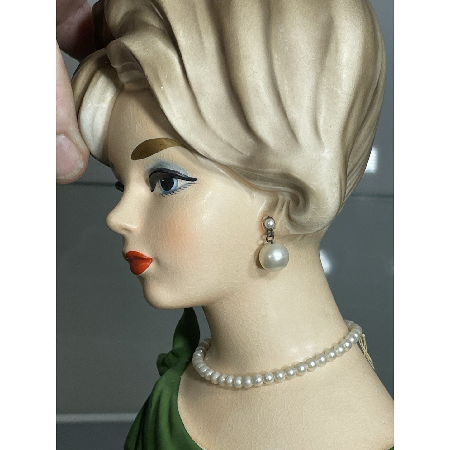 NAPCOWARE stamped YOUNG LADY HEAD VASE GREEN C 7294 7.5" BLUE EYES Japan N. Mint