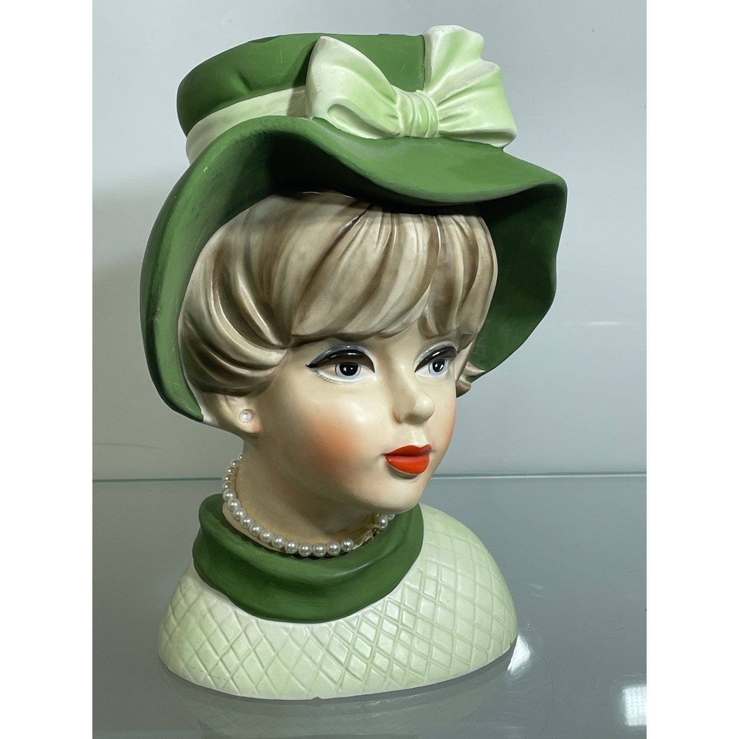 Vintage NAPCOWARE C7496 Lady Head Vase Napco Green Headvase Pearls 8.75" X-Large