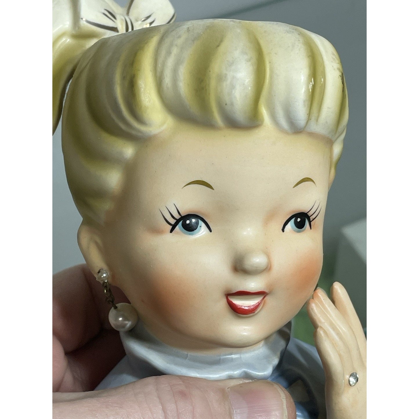 1950’s NAPCO Young Lady Head Vase Blonde Pony Tail Lady C5037 Blue dress 6 1/8"