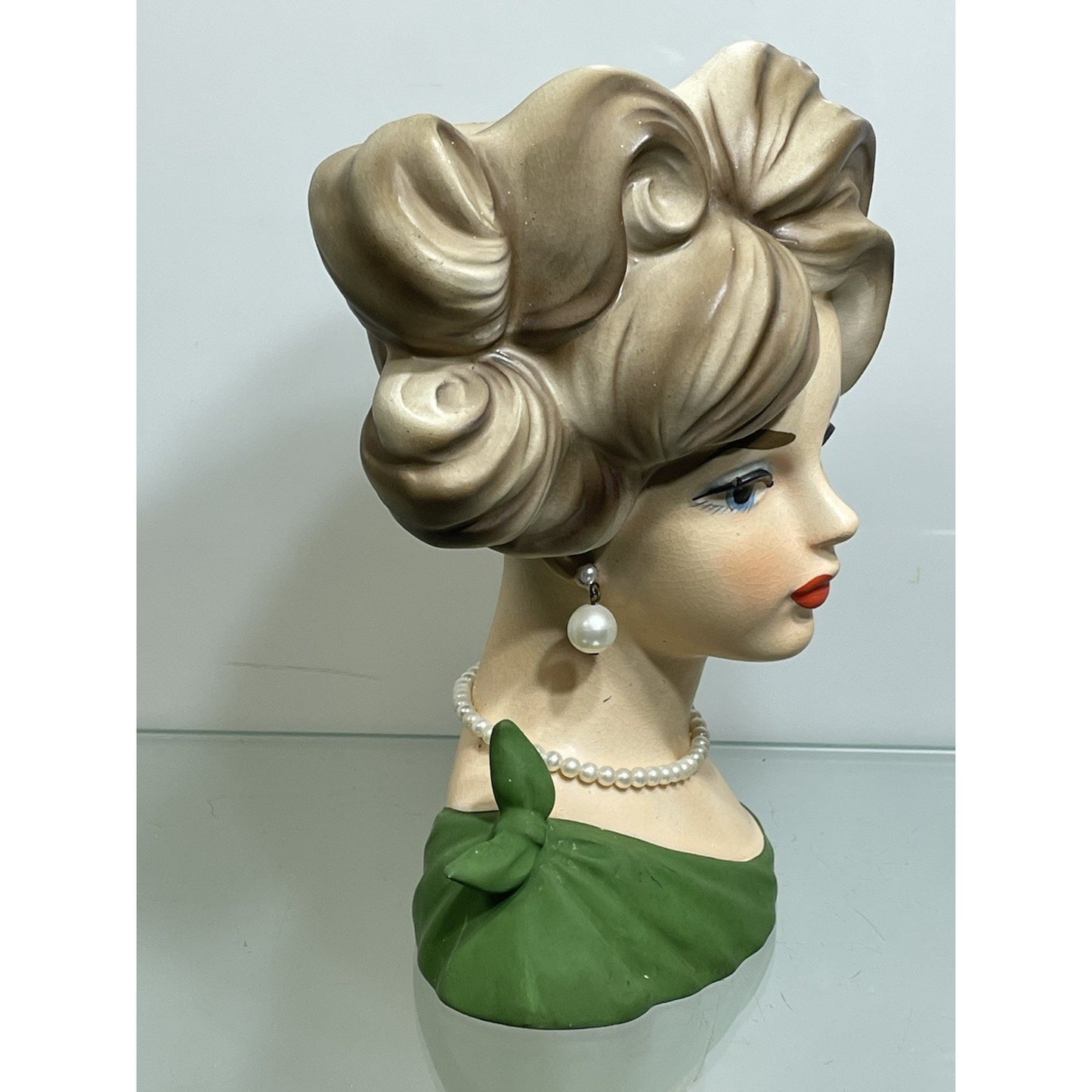 NAPCOWARE stamped YOUNG LADY HEAD VASE GREEN C 7294 7.5" BLUE EYES Japan N. Mint