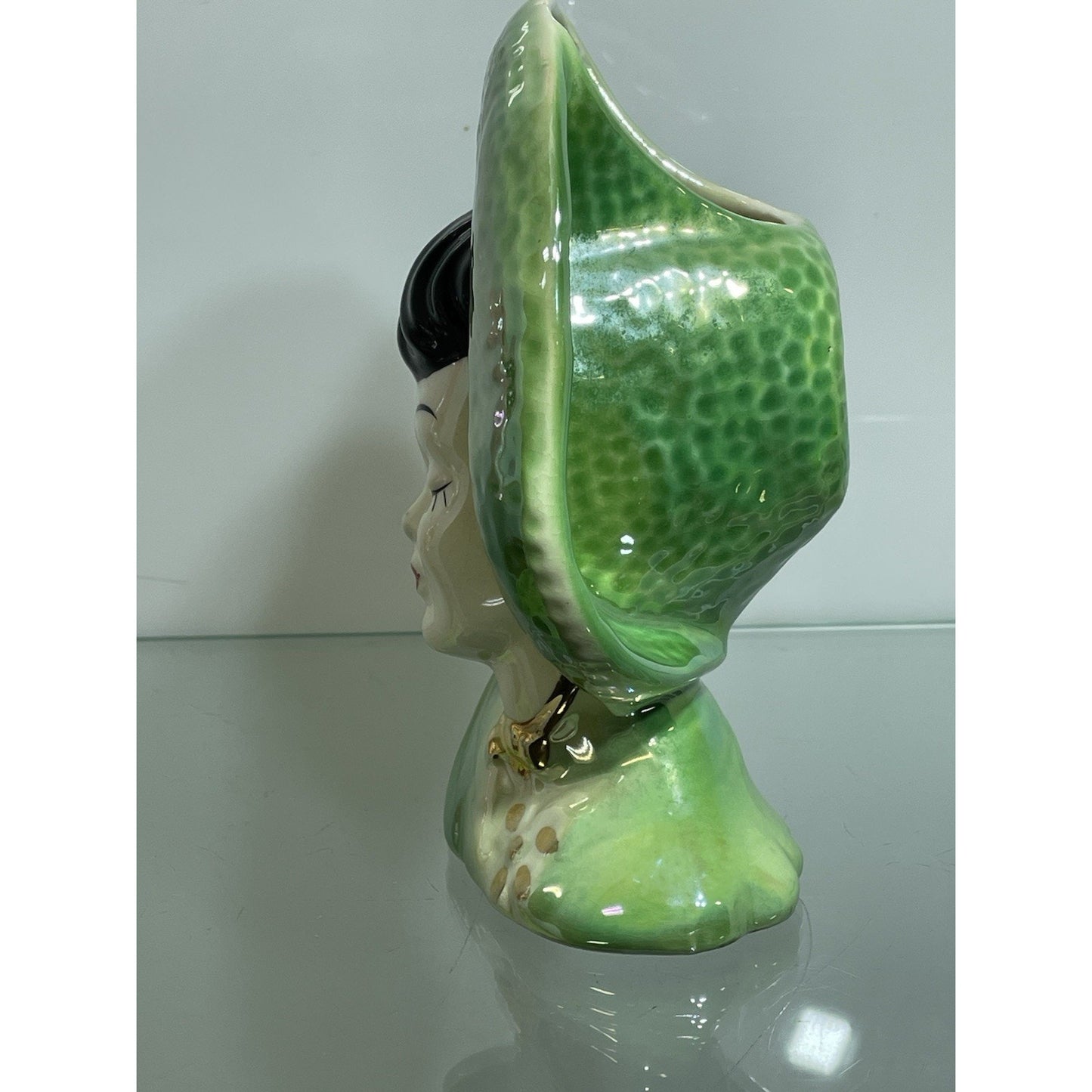 Vtg 1940 Lady Head Vase Wall Pocket Iridescent Pink Gold Red Lips asian Lot of 2