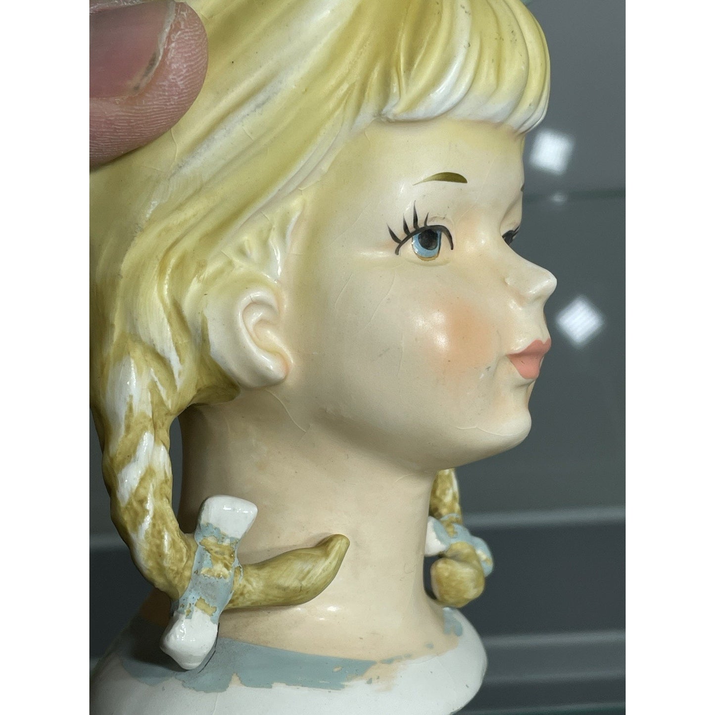 VTG LEFTON 4796 Blonde Teen Lady Head Vase 5 3/4" Bows Pigtails Braids 1950's