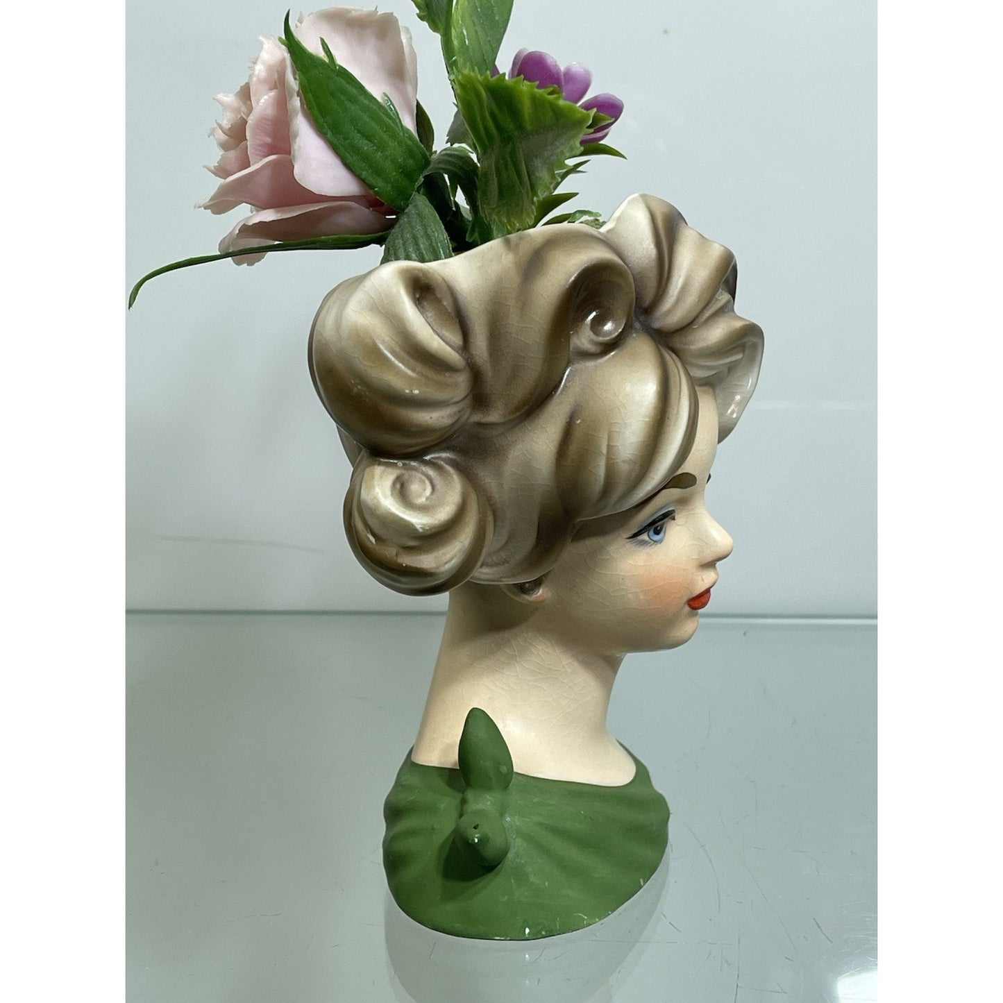 NAPCOWARE stamped YOUNG LADY HEAD VASE GREEN C 7313 4.5" BLUE EYES Japan N. Mint