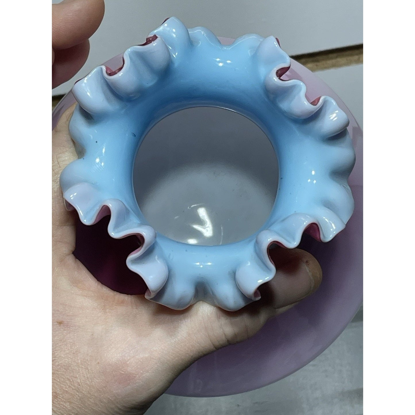 Antique Pink Wild Rose Peachblow Satin Vase Blue Interior RARE Crimped rim 5x5.7