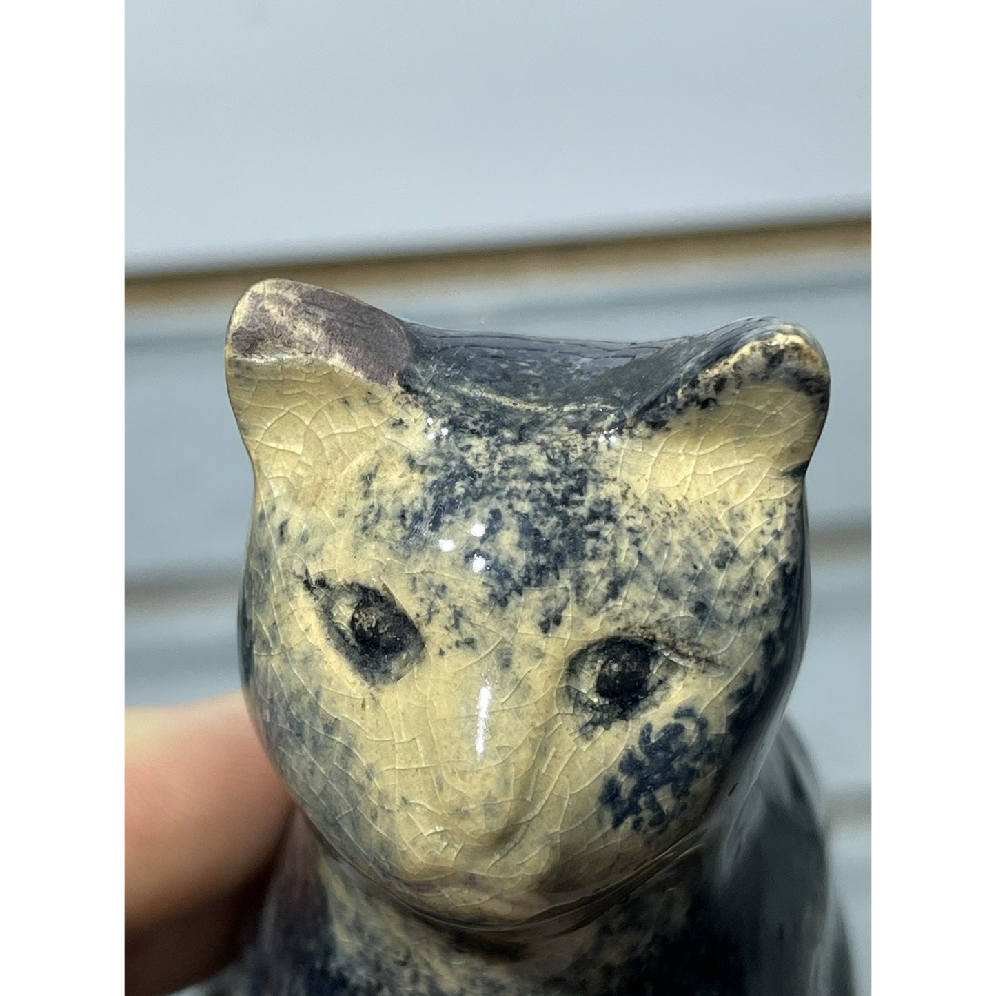 Antique Early Sponge ware Cat 4” Figurine Pottery 1900's gloss blue & tan