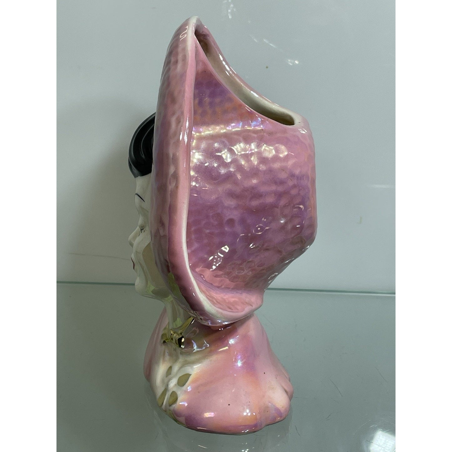 Vtg 1940 Lady Head Vase Wall Pocket Iridescent Pink Gold Red Lips asian Lot of 2