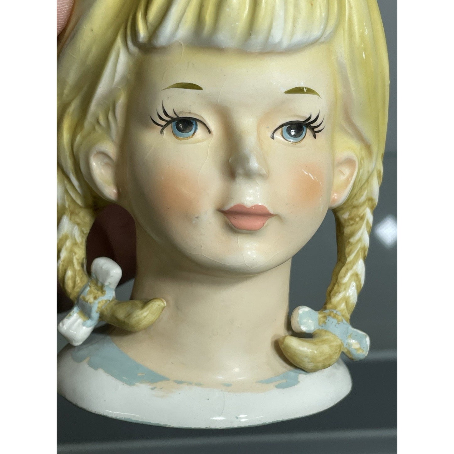 VTG LEFTON 4796 Blonde Teen Lady Head Vase 5 3/4" Bows Pigtails Braids 1950's