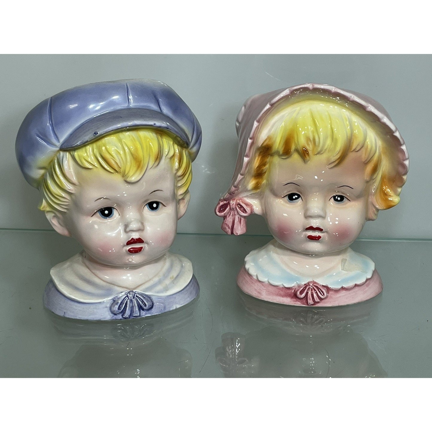 1950’s RELPO 6744 Lady Head Vase Set of 2 - Young Blonde Boy & Girl 5.5" tall