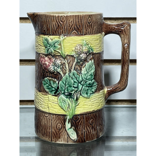 Antique English Majolica Wood and Blossoms Berries Pitcher c.1880's 7" Tall