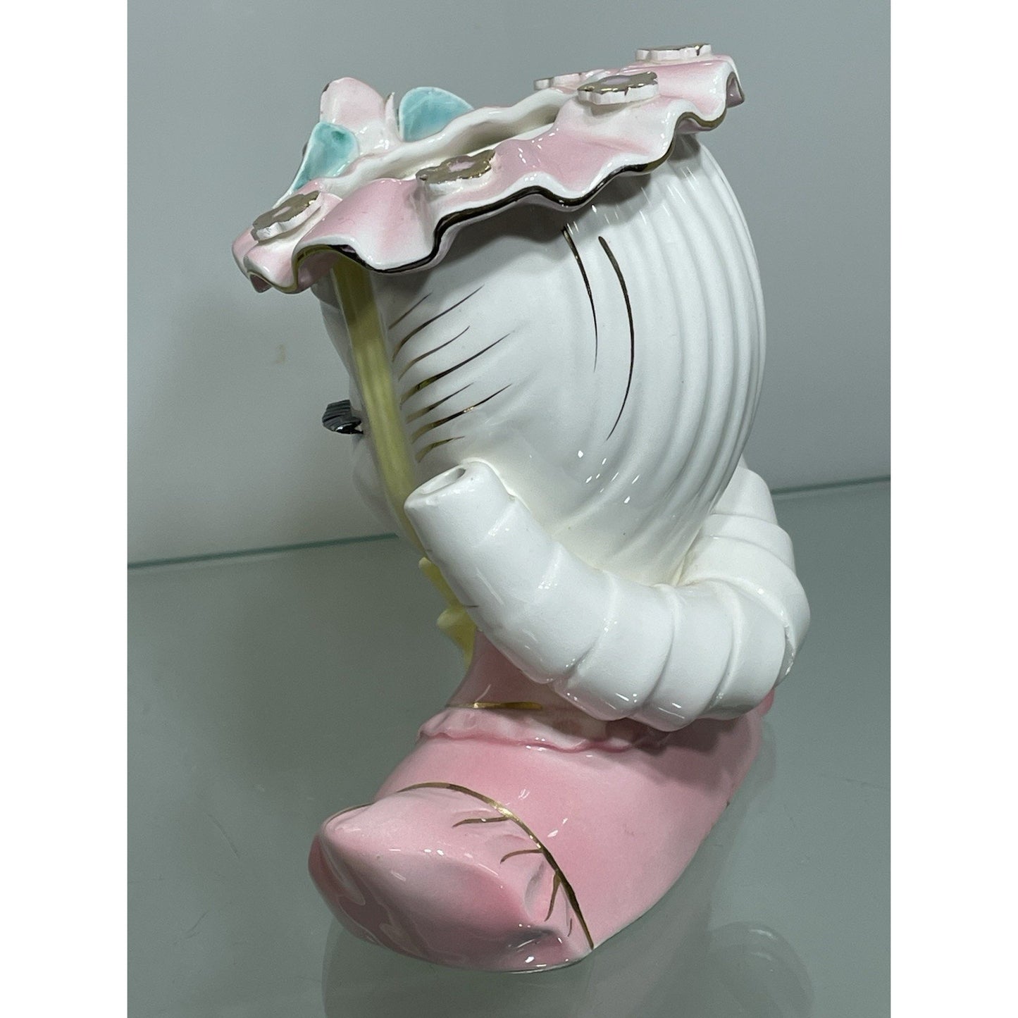 Vintage PINK LEFTON BARBARA lady head vase Yellow ribbon bow 5" inch