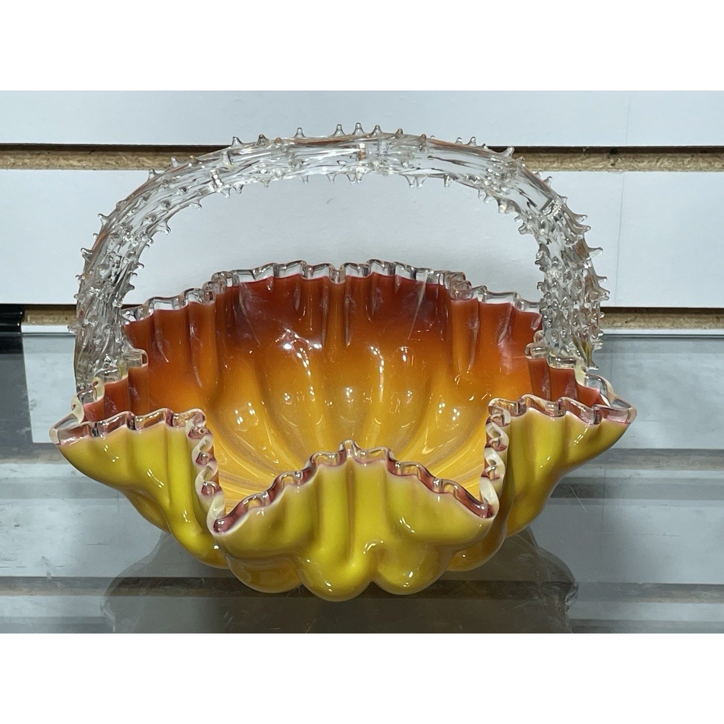ANTIQUE STEVENS & WILLIAMS AMBERINA YELLOW CASE GLASS BASKET THRON HANDLE UV Glo