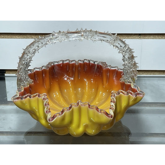ANTIQUE STEVENS & WILLIAMS AMBERINA YELLOW CASE GLASS BASKET THRON HANDLE UV Glo