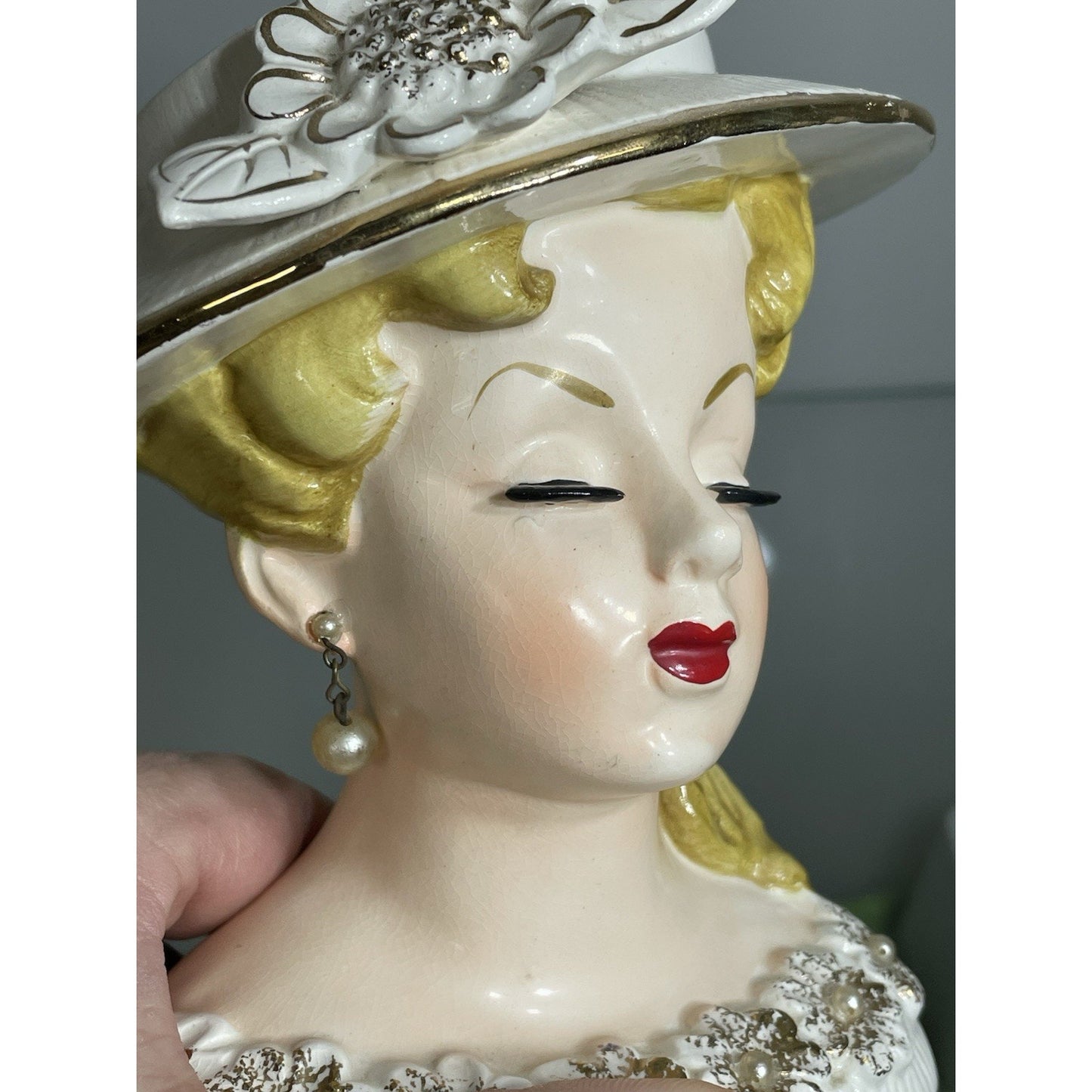 Rare 6" Rubens Lady Head Vase Japan 500 Flowers Blonde White Hat Gold Trim