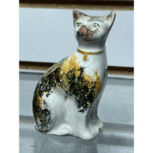 Antique Staffordshire Sponge ware Cat 3.5” Figurine Pottery c1800s Orange Black
