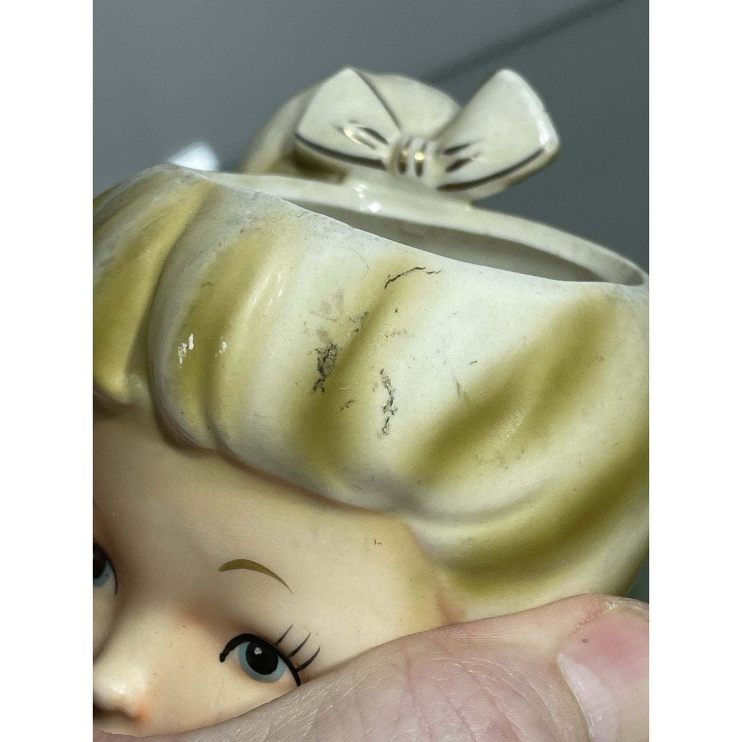 1950’s NAPCO Young Lady Head Vase Blonde Pony Tail Lady C5037 Blue dress 6 1/8"