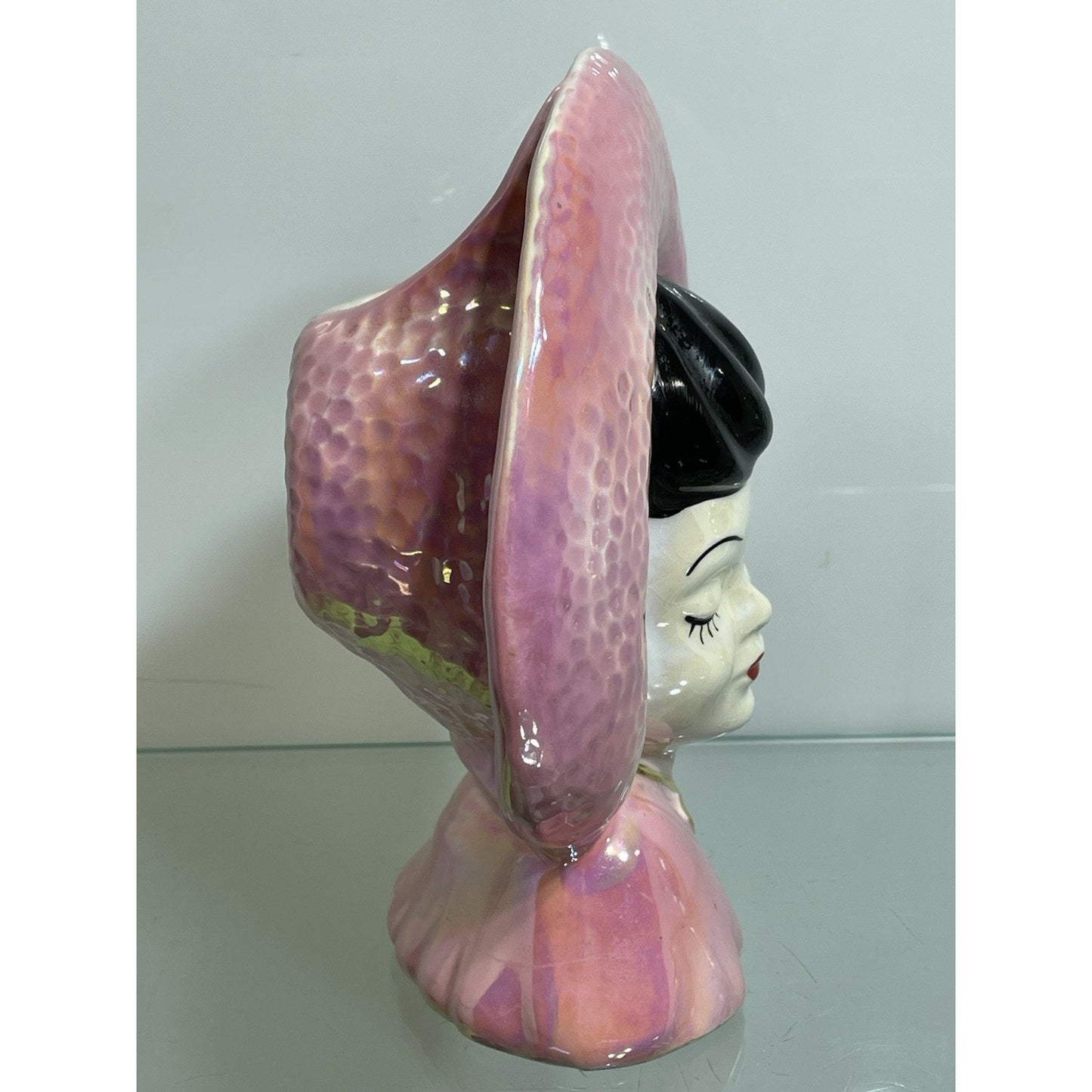 Vtg 1940 Lady Head Vase Wall Pocket Iridescent Pink Gold Red Lips asian Lot of 2