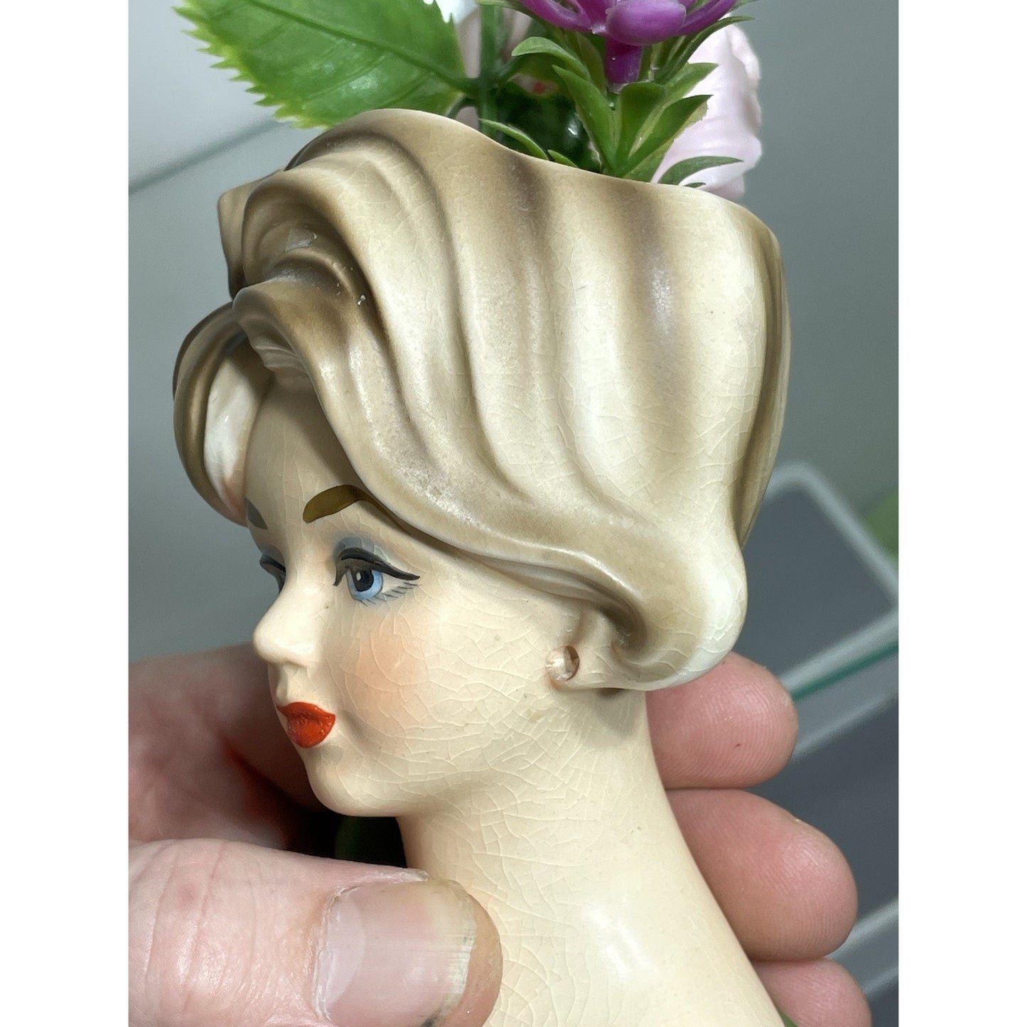 NAPCOWARE stamped YOUNG LADY HEAD VASE GREEN C 7313 4.5" BLUE EYES Japan N. Mint