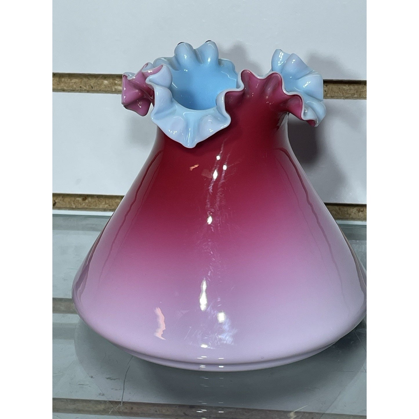 Antique Pink Wild Rose Peachblow Satin Vase Blue Interior RARE Crimped rim 5x5.7