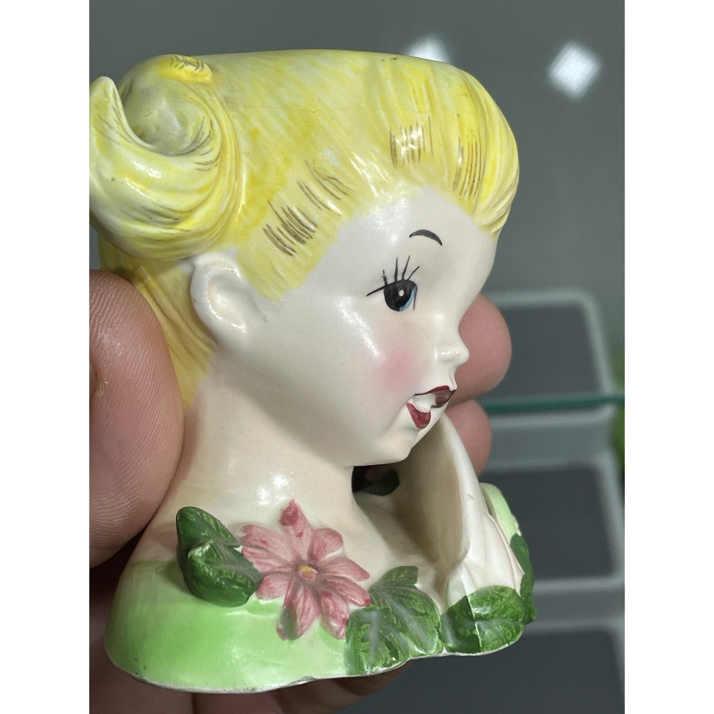 1950’s ENSCO Young Lady Head Vase Blonde Pony Tail Green Dress 3.5" Tall