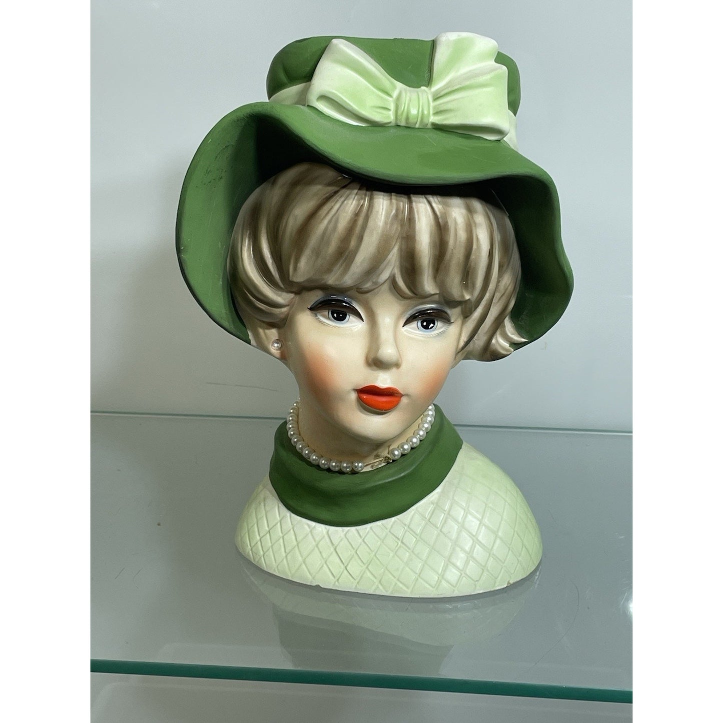 Vintage NAPCOWARE C7496 Lady Head Vase Napco Green Headvase Pearls 8.75" X-Large