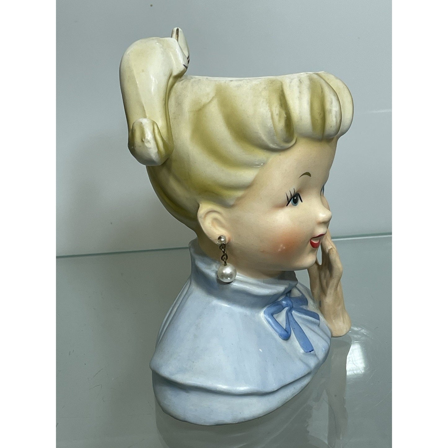 1950’s NAPCO Young Lady Head Vase Blonde Pony Tail Lady C5037 Blue dress 6 1/8"
