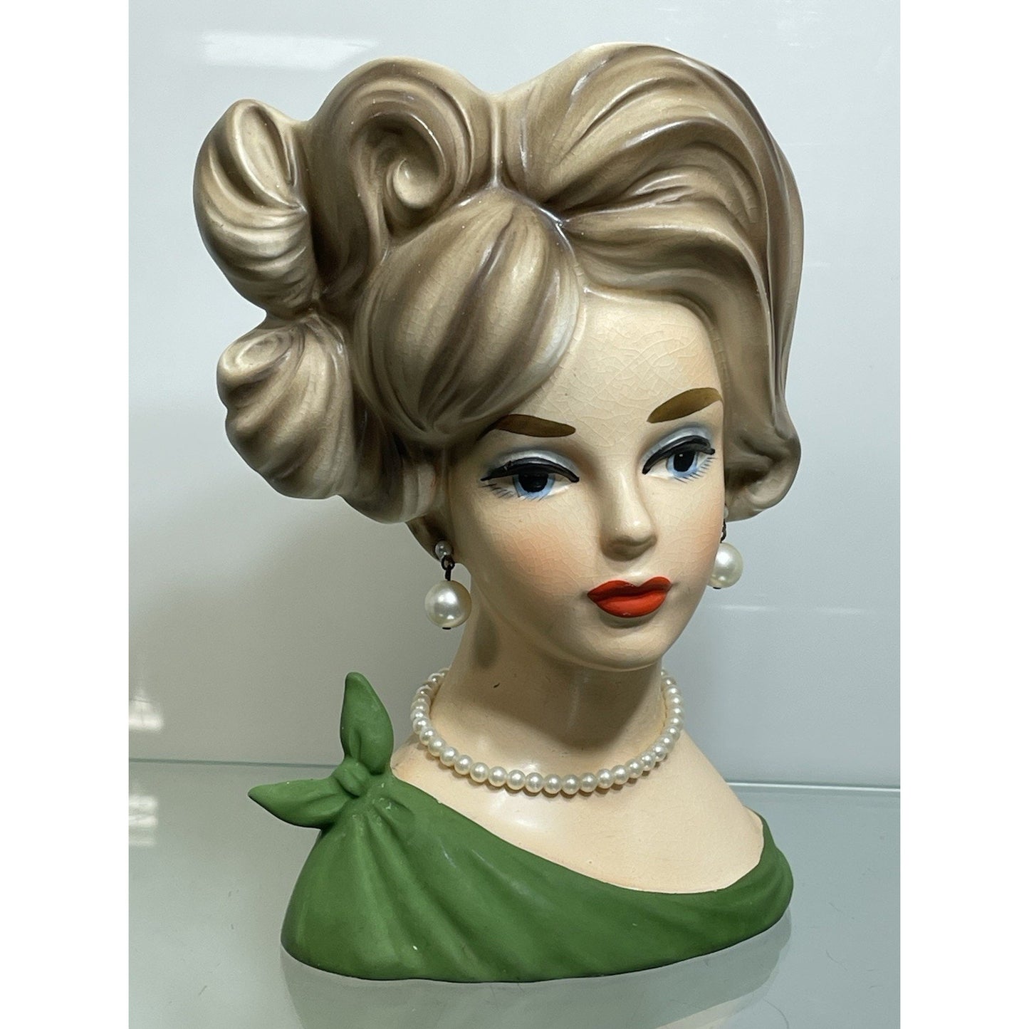 NAPCOWARE stamped YOUNG LADY HEAD VASE GREEN C 7294 7.5" BLUE EYES Japan N. Mint