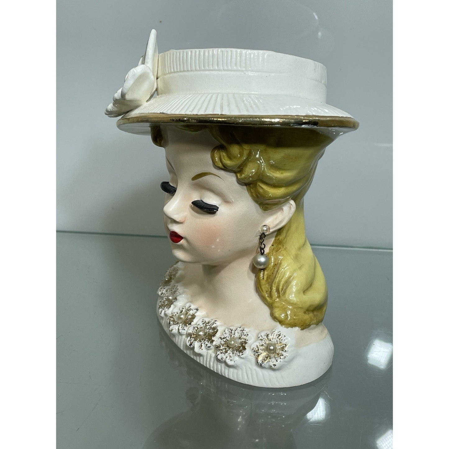 Rare 6" Rubens Lady Head Vase Japan 500 Flowers Blonde White Hat Gold Trim