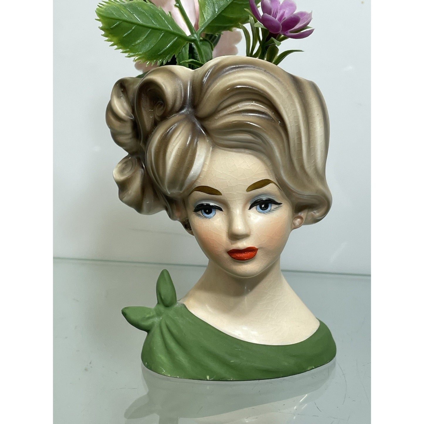 NAPCOWARE stamped YOUNG LADY HEAD VASE GREEN C 7313 4.5" BLUE EYES Japan N. Mint