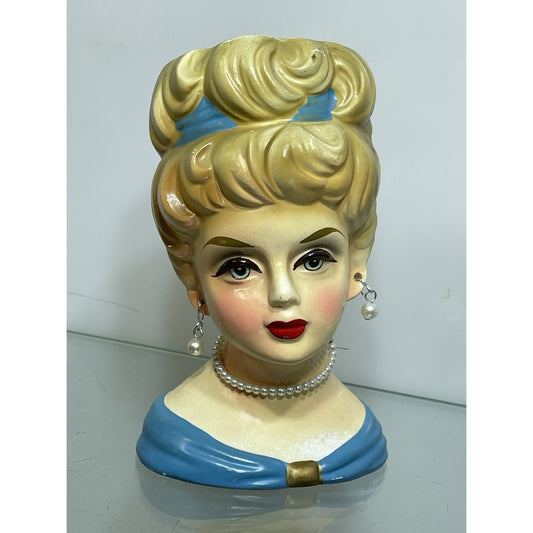 Rare 1950's Rubens Originals Lady Head Vase 4103 Blonde Curls Blue Dress 5.75"