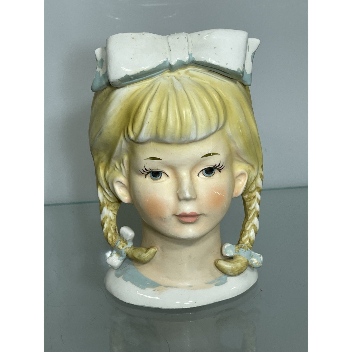VTG LEFTON 4796 Blonde Teen Lady Head Vase 5 3/4" Bows Pigtails Braids 1950's
