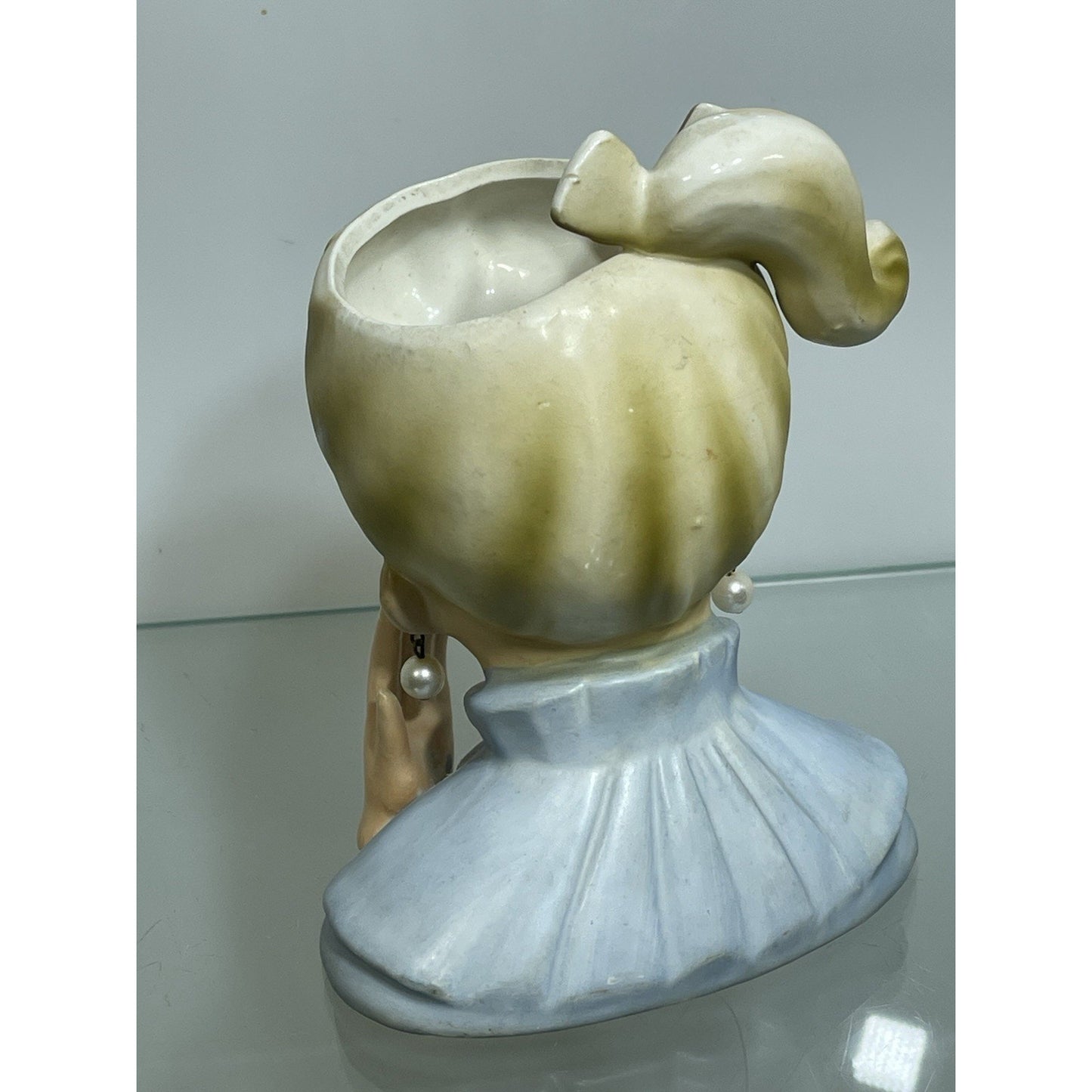 1950’s NAPCO Young Lady Head Vase Blonde Pony Tail Lady C5037 Blue dress 6 1/8"