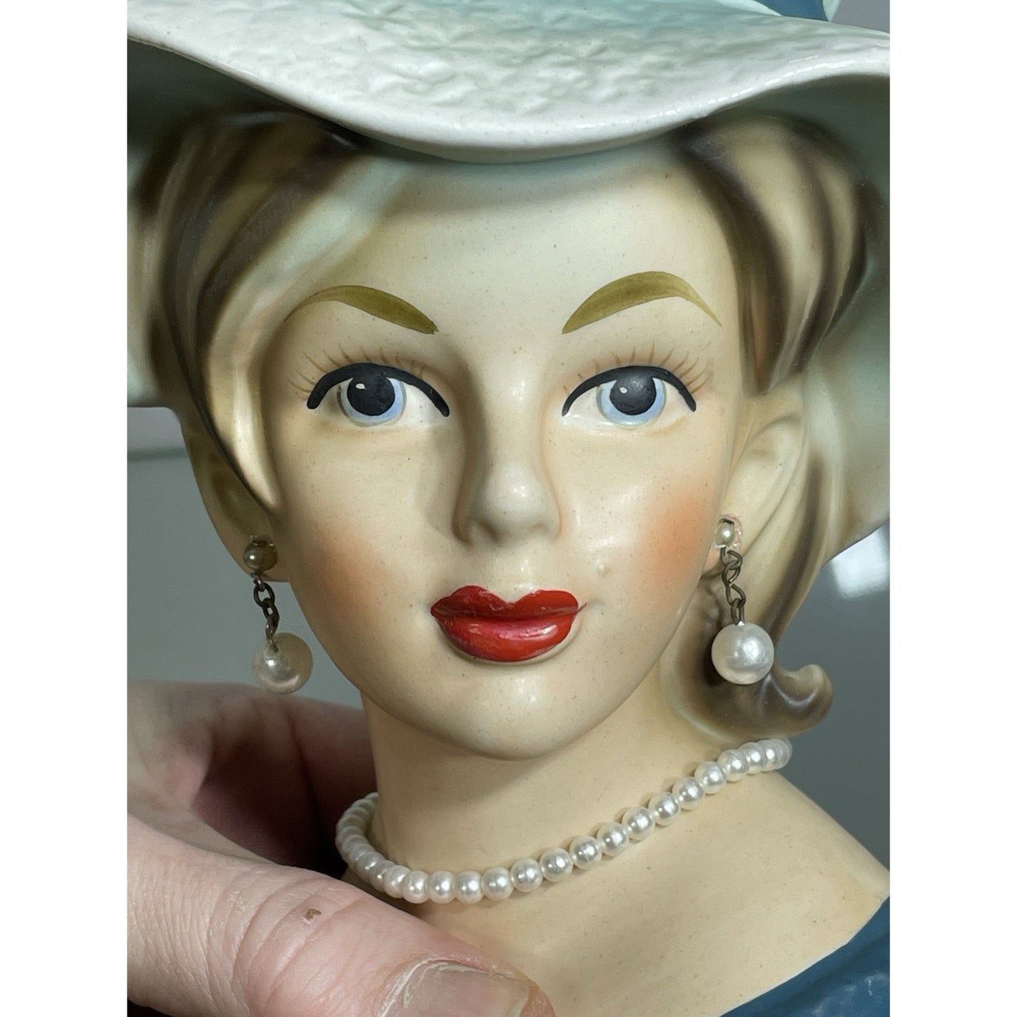 Vintage Relpo Lady HEAD VASE 7" Blue hat & ribbon Young Lady K 1679 - NO ISSUES