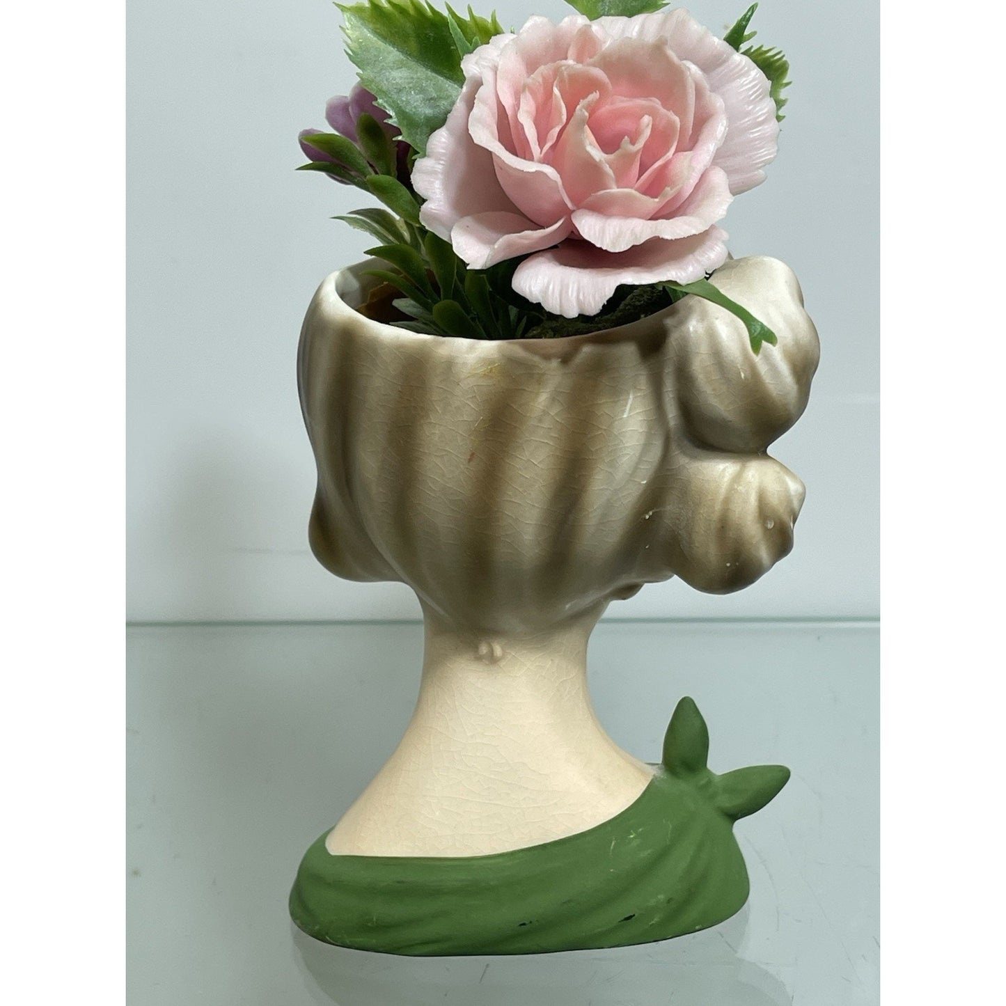 NAPCOWARE stamped YOUNG LADY HEAD VASE GREEN C 7313 4.5" BLUE EYES Japan N. Mint