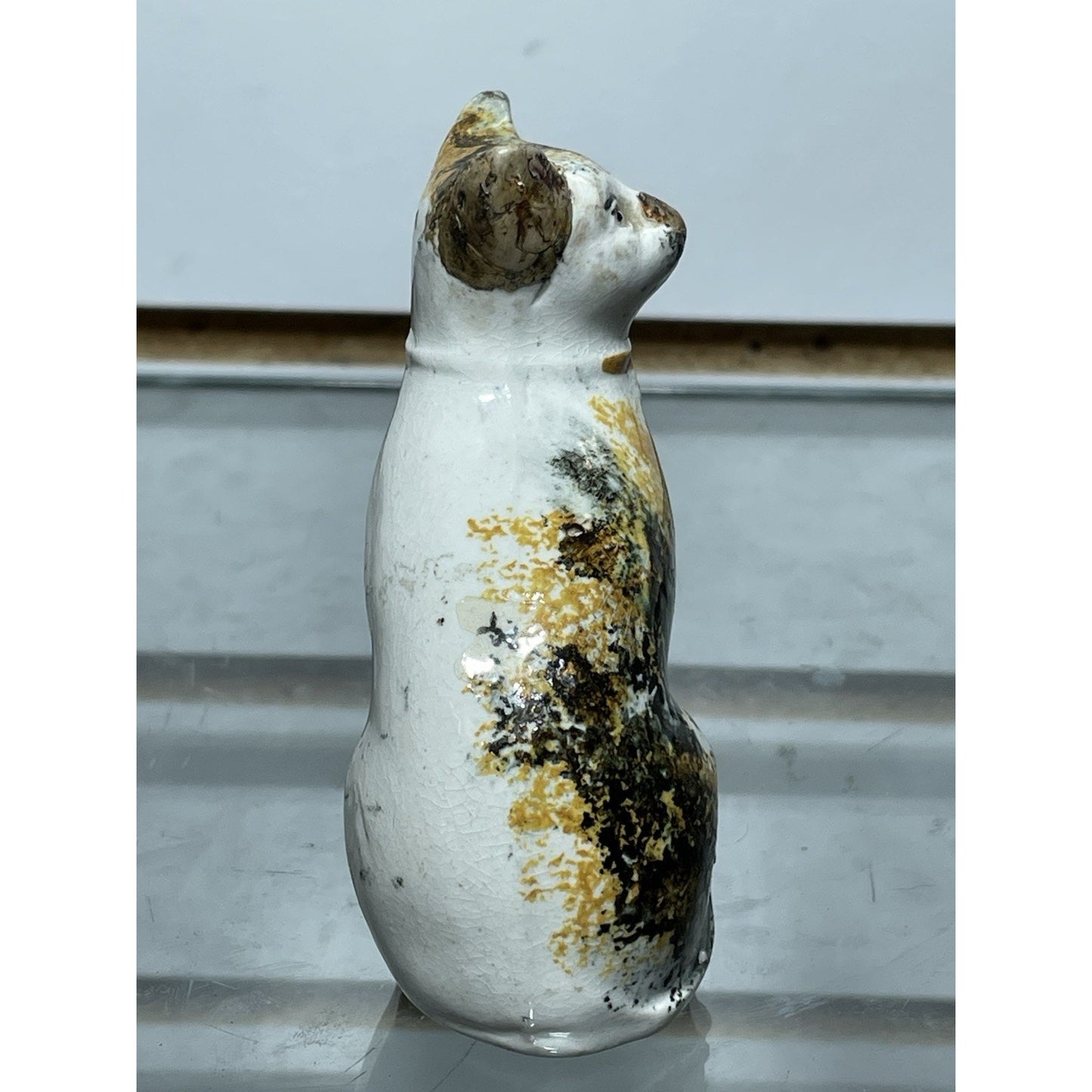Antique Staffordshire Sponge ware Cat 3.5” Figurine Pottery c1800s Orange Black