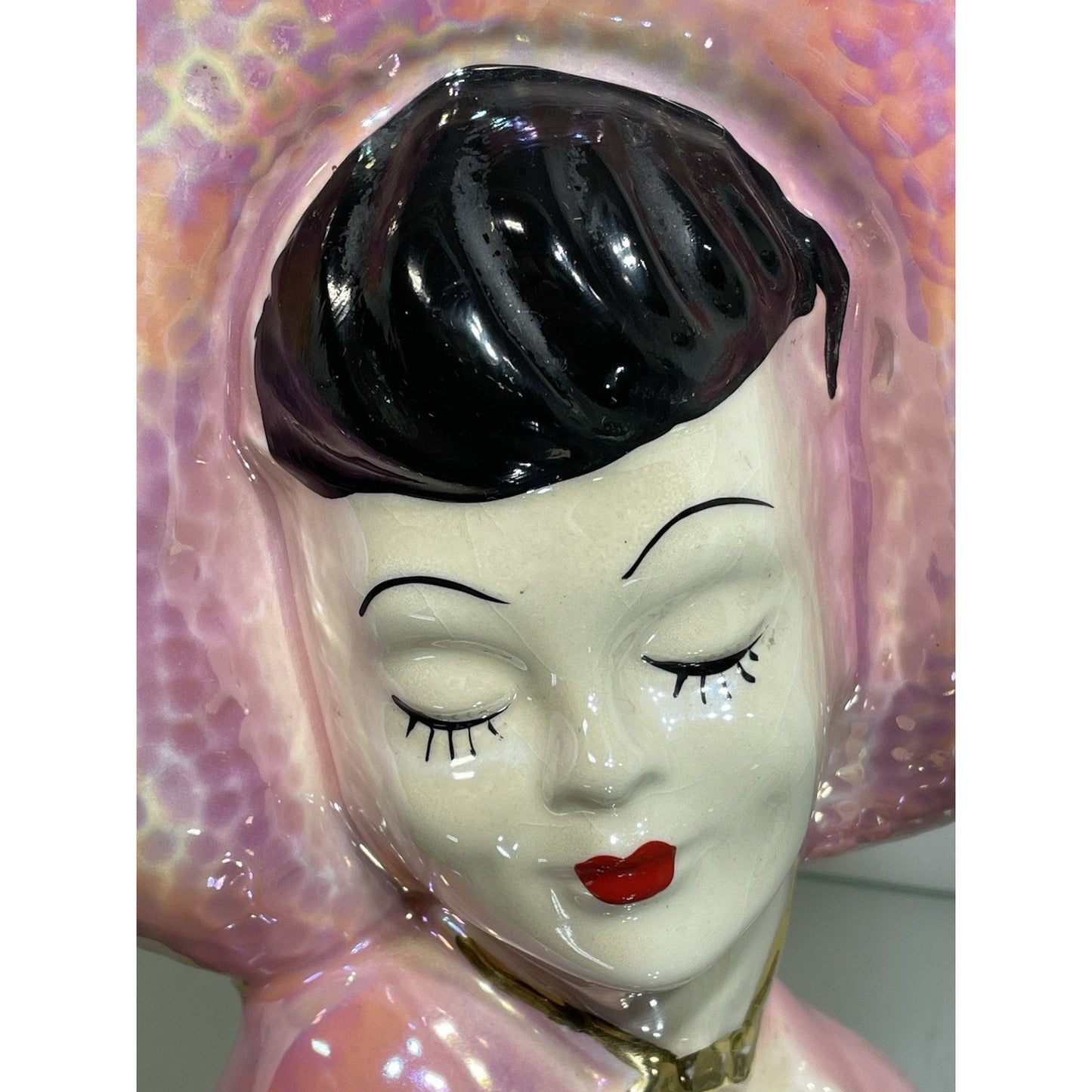 Vtg 1940 Lady Head Vase Wall Pocket Iridescent Pink Gold Red Lips asian Lot of 2