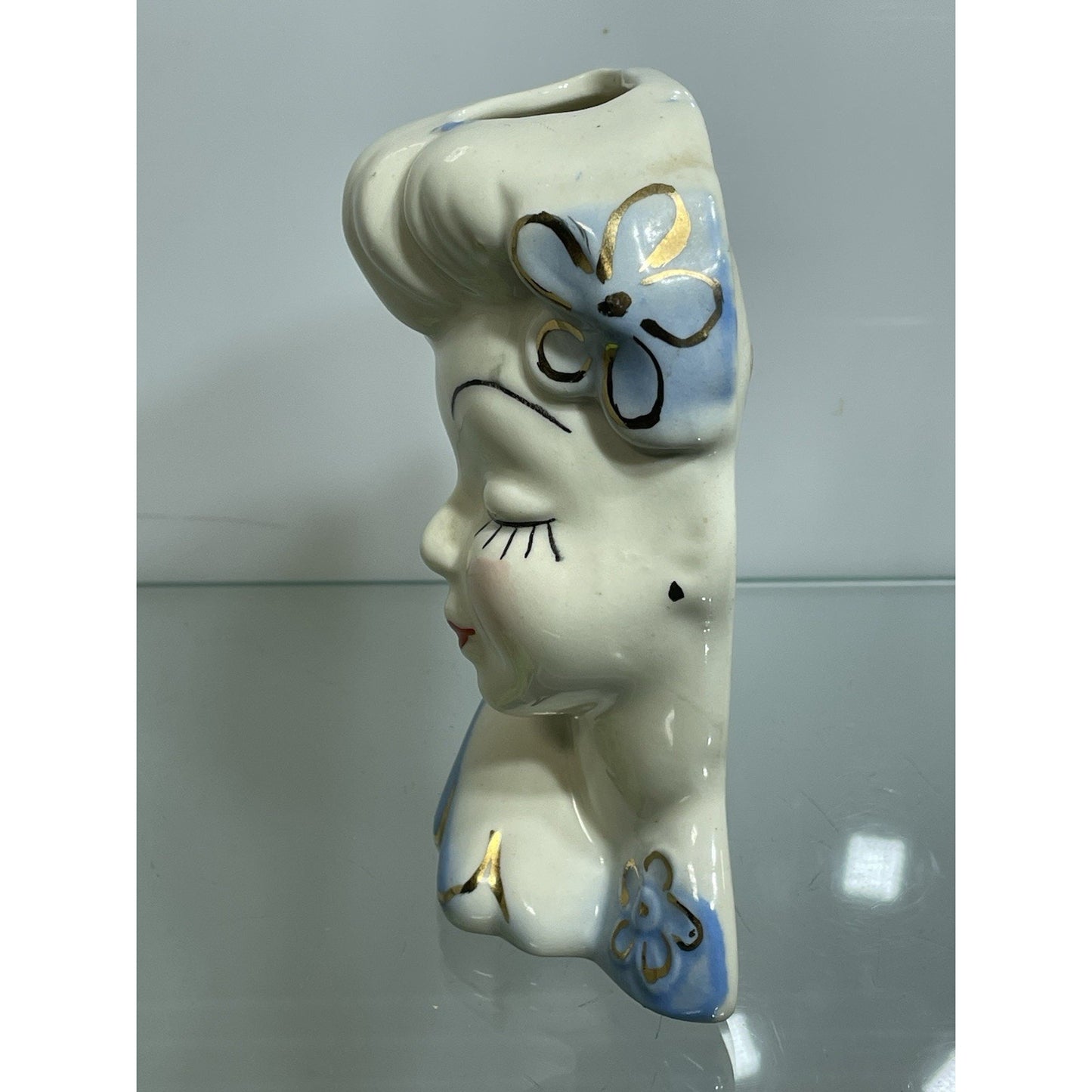 Vintage MCM Betty Grable Glamour Girl Lady Head Vase Wall Pocket Blue Dress 6”