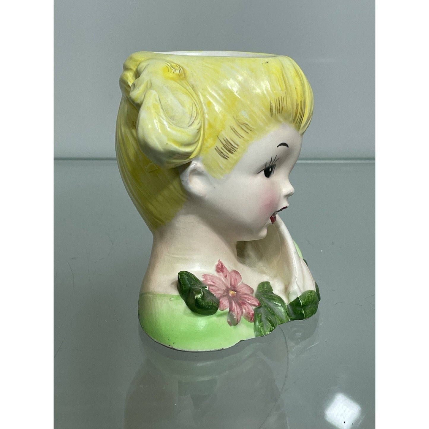 1950’s ENSCO Young Lady Head Vase Blonde Pony Tail Green Dress 3.5" Tall