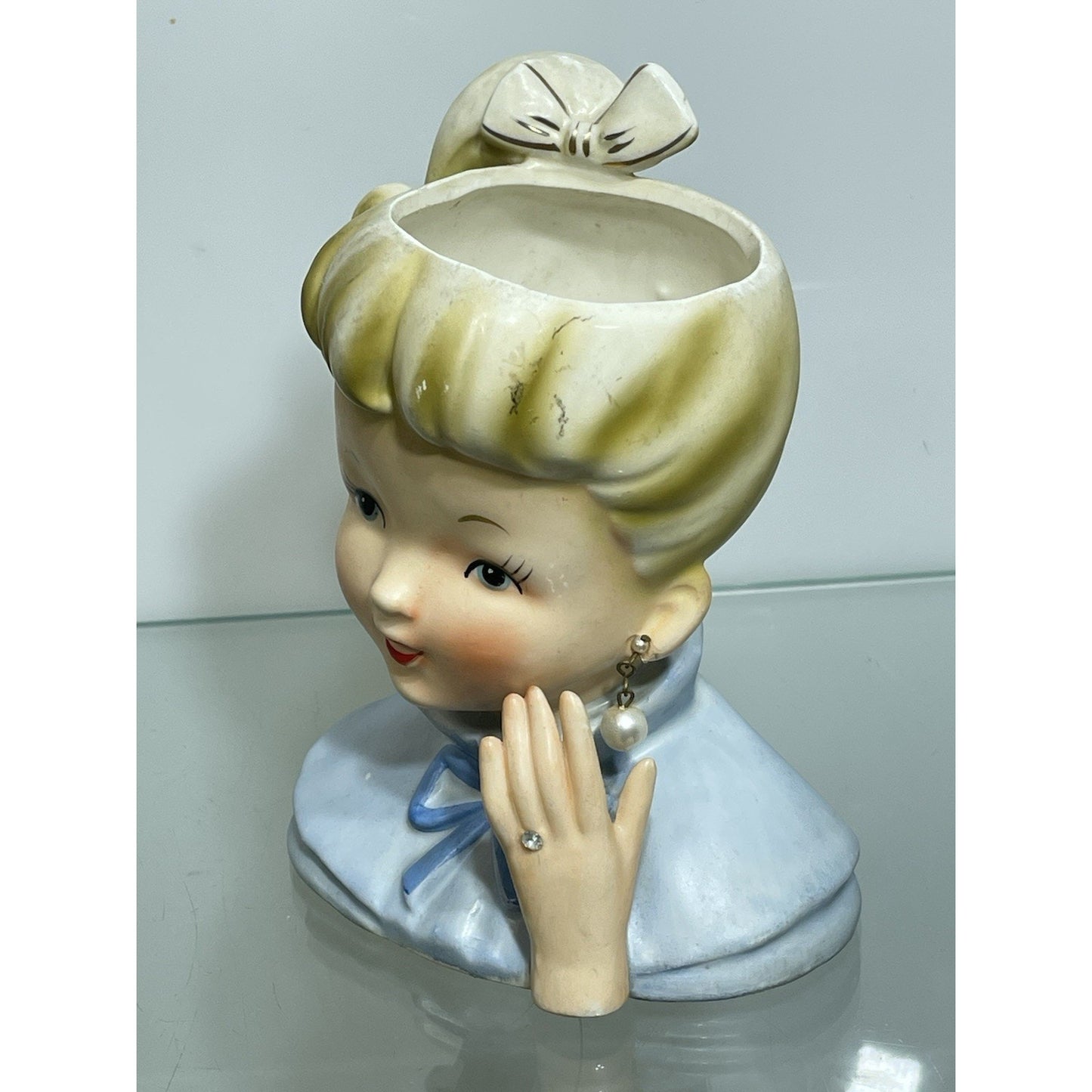 1950’s NAPCO Young Lady Head Vase Blonde Pony Tail Lady C5037 Blue dress 6 1/8"