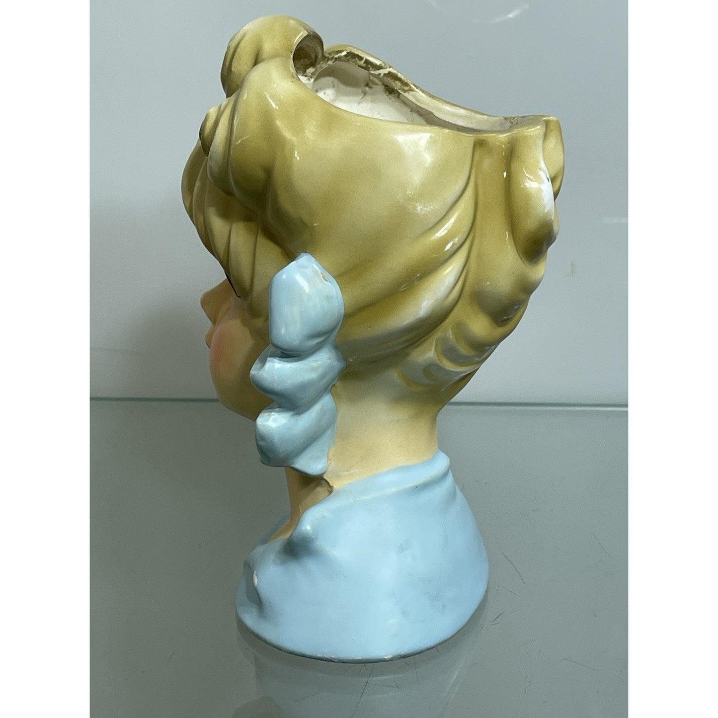 Rare Vintage 50's Rubens Originals Lady Head Vase 4121 Blonde Curls Blue Bows 5.