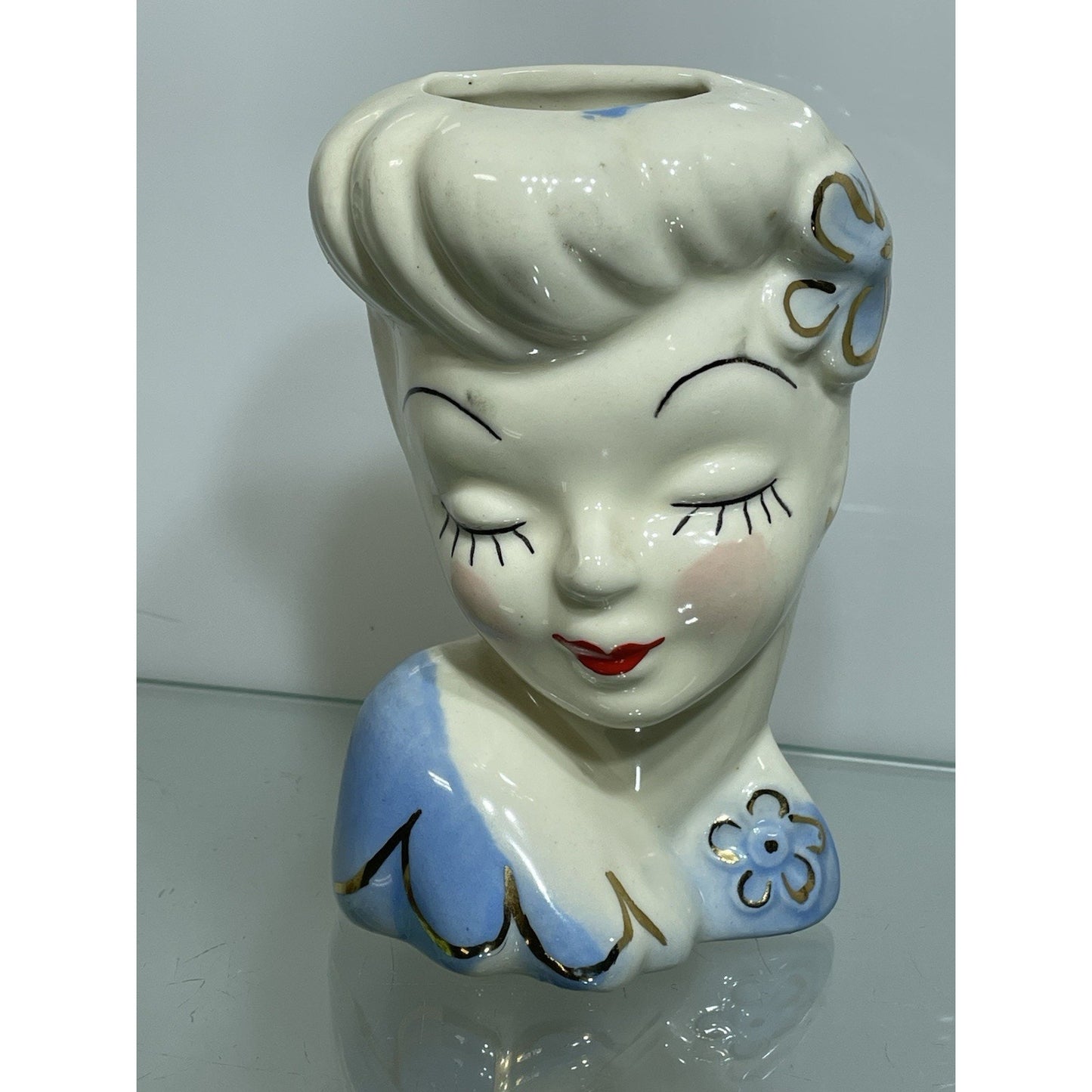 Vintage MCM Betty Grable Glamour Girl Lady Head Vase Wall Pocket Blue Dress 6”