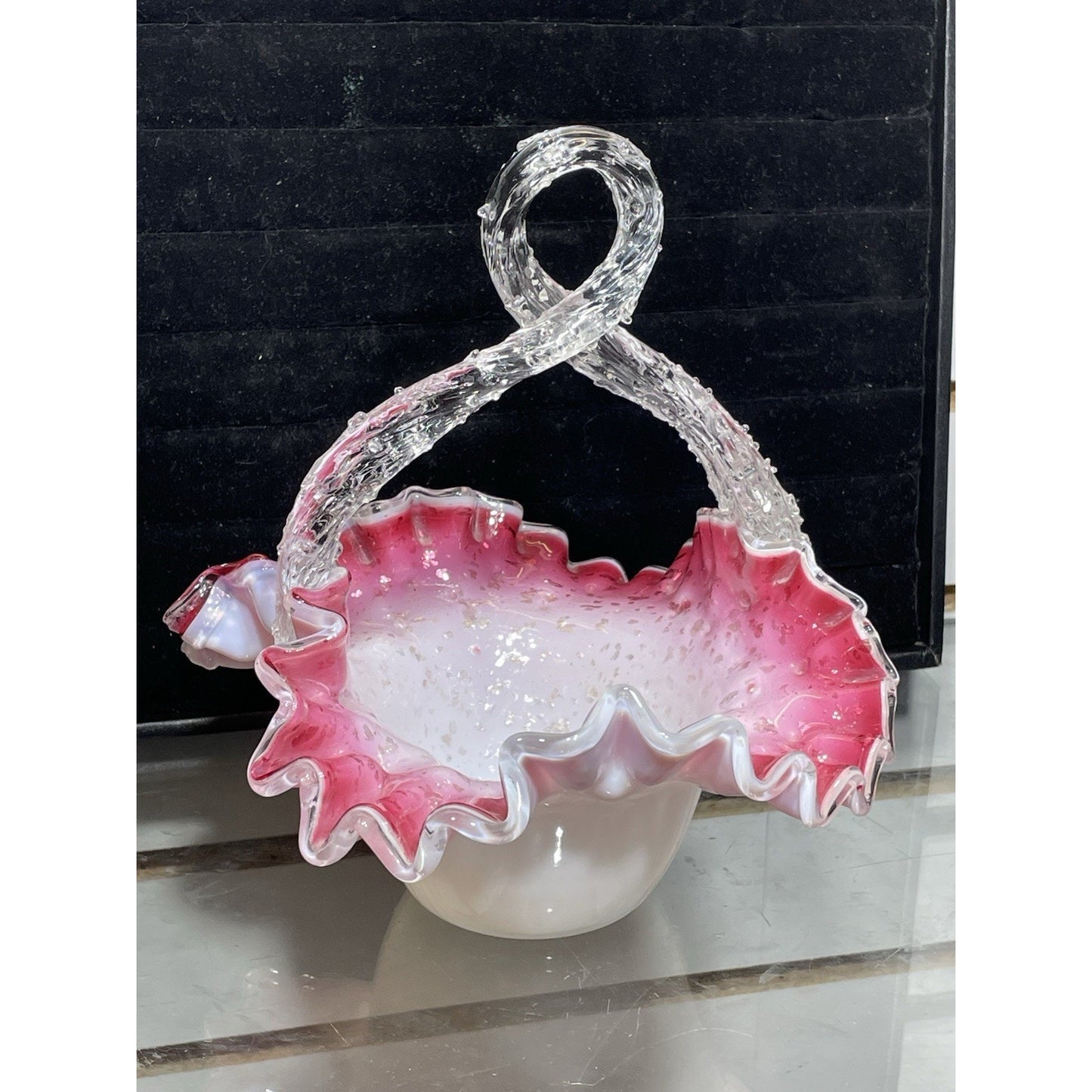 Antique Victorian Pink Cased Basket w Thron Handle - Silver flakes 7.5" tall