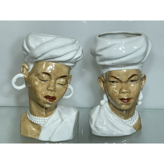 VINTAGE OCCUPIED JAPAN ETHNIC SUDANESE AFRICAN LADY HEAD VASE PLANTER LOT 6" H