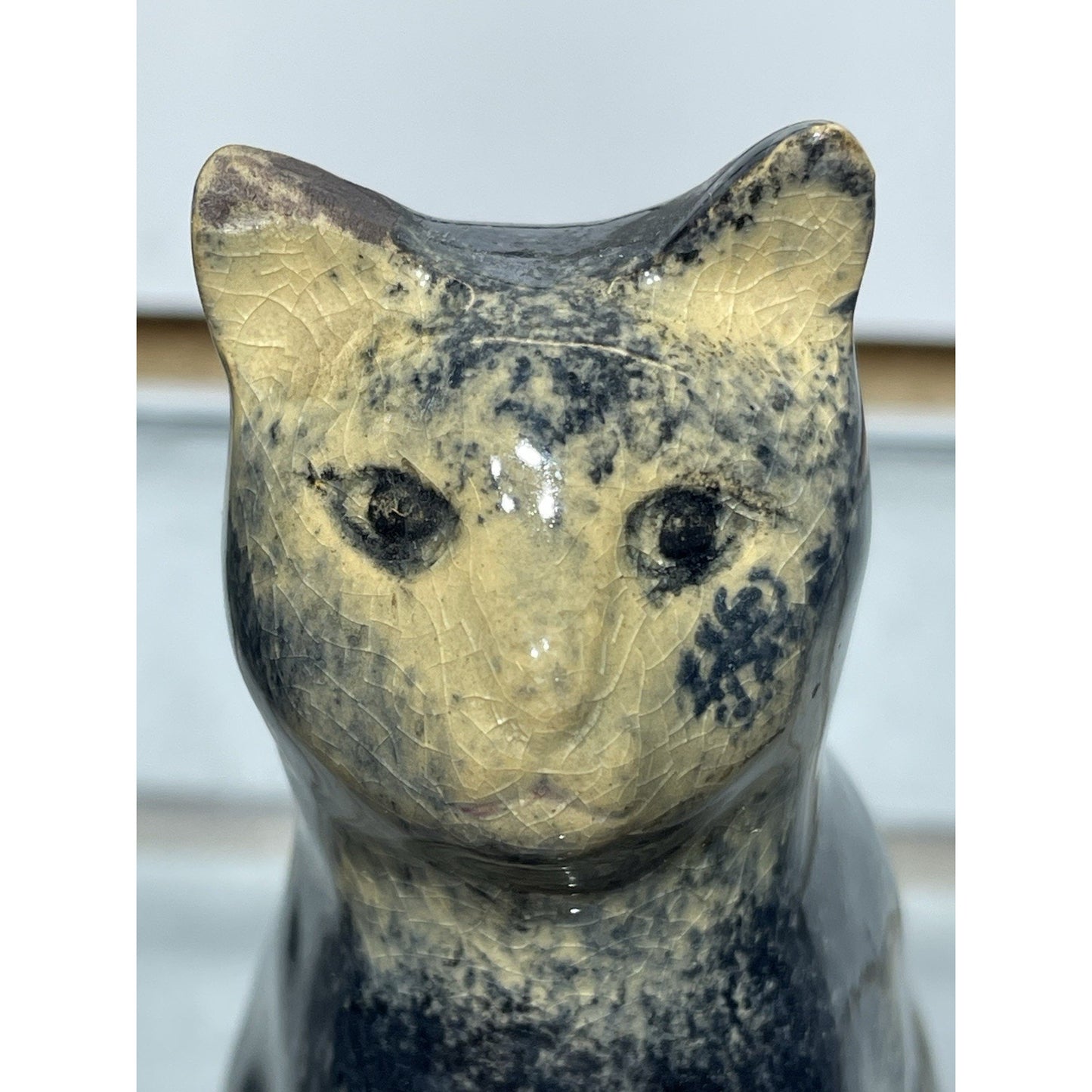 Antique Early Sponge ware Cat 4” Figurine Pottery 1900's gloss blue & tan