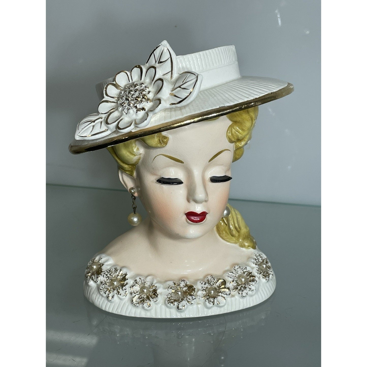 Rare 6" Rubens Lady Head Vase Japan 500 Flowers Blonde White Hat Gold Trim