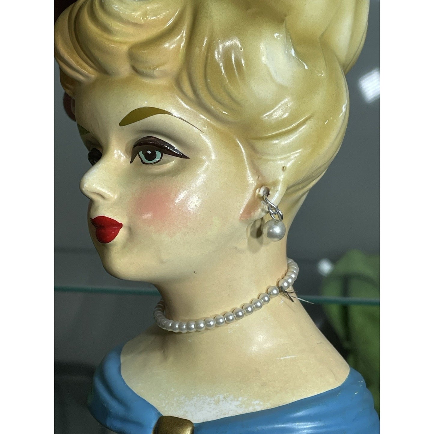 Rare 1950's Rubens Originals Lady Head Vase 4103 Blonde Curls Blue Dress 5.75"