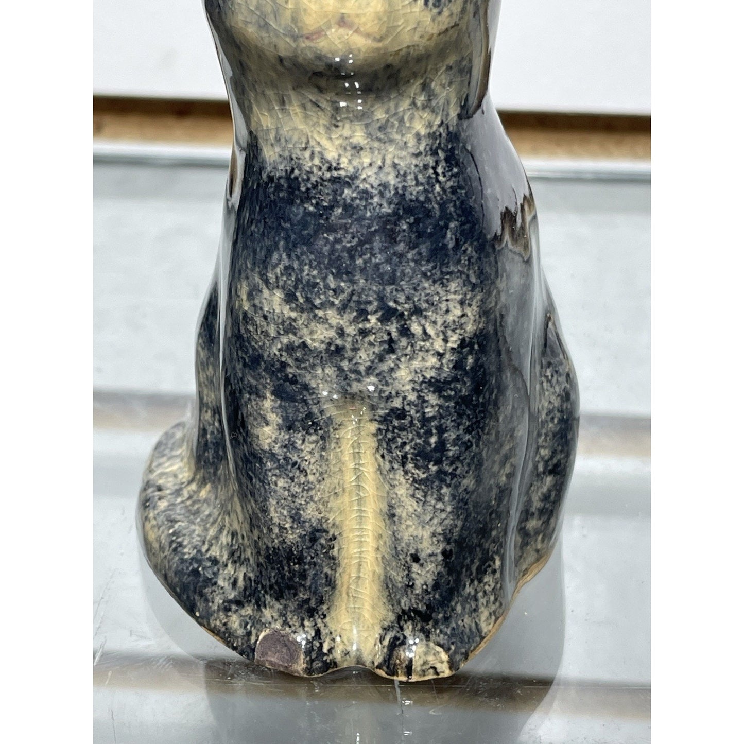 Antique Early Sponge ware Cat 4” Figurine Pottery 1900's gloss blue & tan
